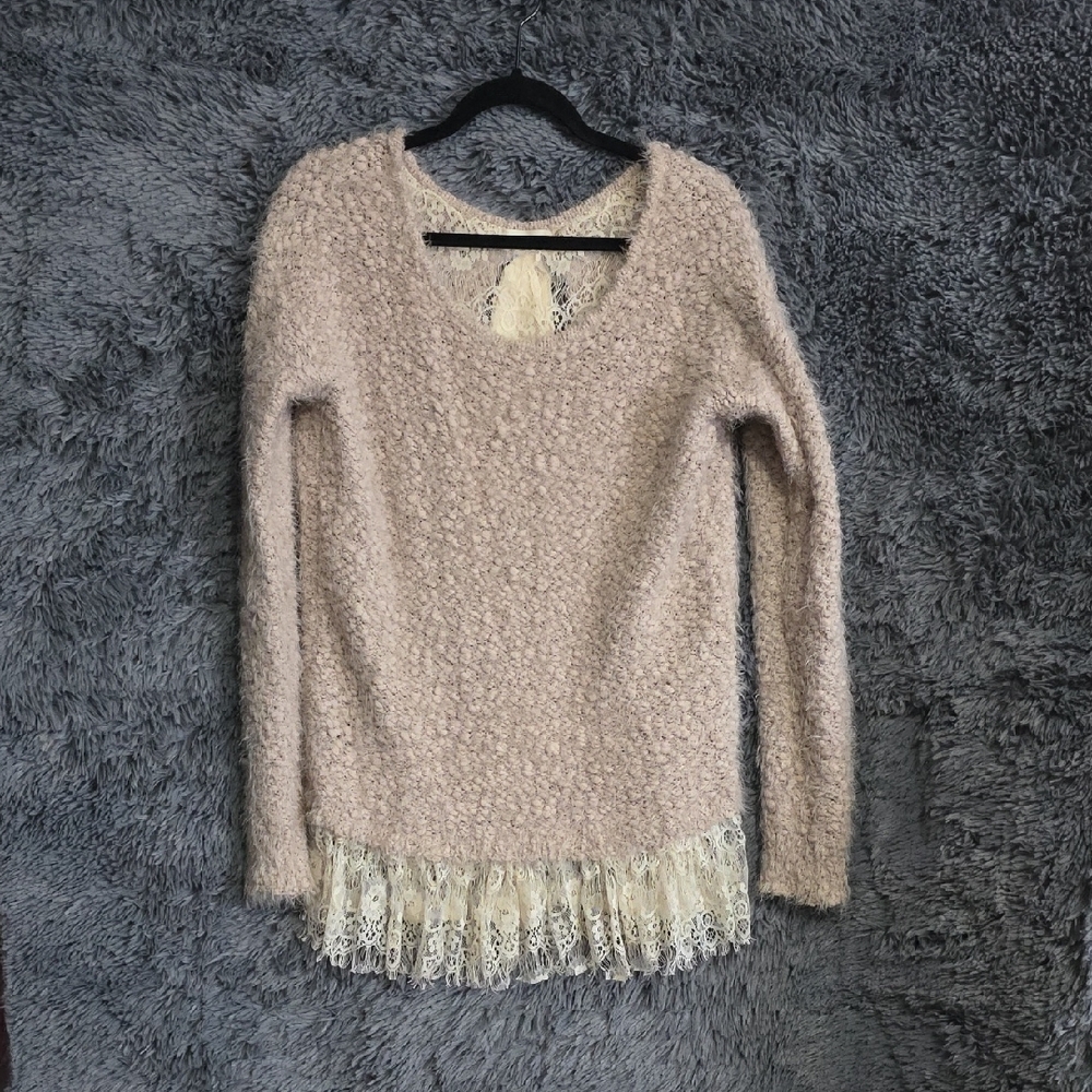 Altar'd State Cream Sweater with Lace Hem